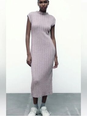 Zara Textured Bubble Knit Mock Neck Midi Dress - Size Small (Gray/Mauve)